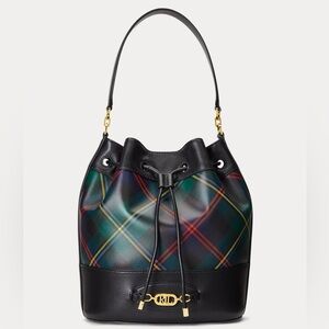 Lauren Ralph Lauren Plaid Leather Large Andie Drawstring Bag